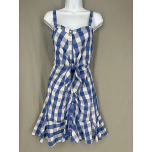 Likely Dress Womens 12 Blue Mini Gingham Plaid Ruffle Button Cottagecore Boho